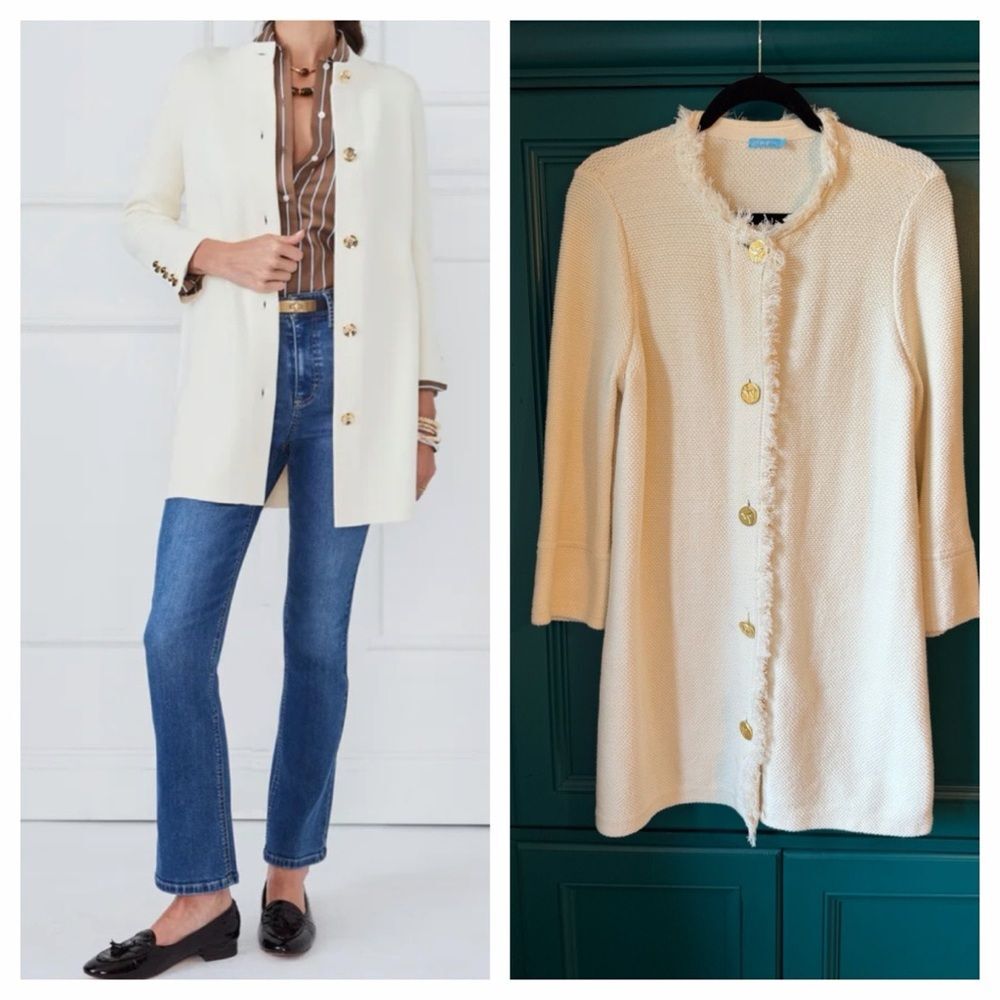 J. McLaughlin Cream Textured Cardigan Sweater Sz Large Classic Chic Fringe Trim